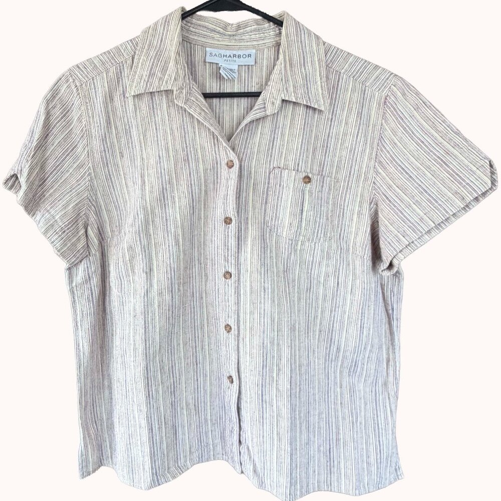 Sag harbor Petite Linen Cotton Striped Button Up Shirt Coastal Summer Top PL
